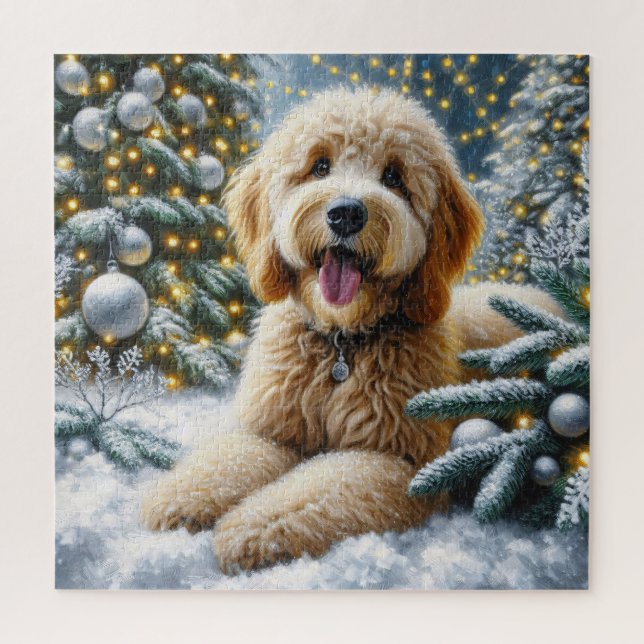 Cute Goldendoodle Dog Winter Wonderland Jigsaw Puzzle (Vertical)