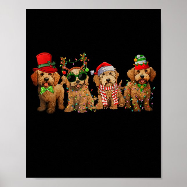 Cute Goldendoodle Dogs Christmas Lights Golden Doo Poster (Front)