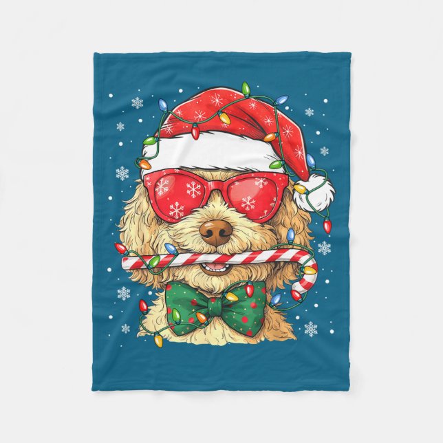 Cute Goldendoodle Santa Hat Xmas Lights Goldendood Fleece Blanket (Front)