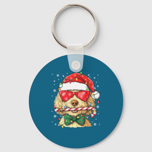 Cute Goldendoodle Santa Hat Xmas Lights Goldendood Keychain (Front)