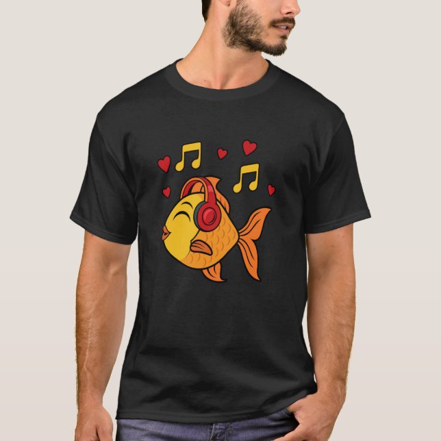 Cute Goldfish Music Notes Musician Fish T-Shirt (Front)