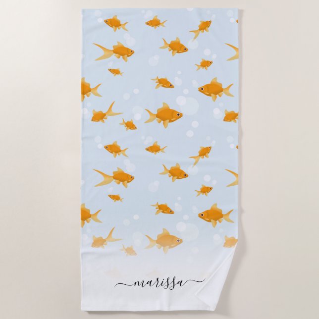 Cute Goldfish Swimming in Water Script Custom Name Beach Towel (Front)