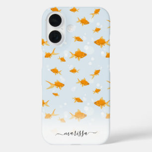 Cute Goldfish Swimming in Water Script Custom Name iPhone 16 Case