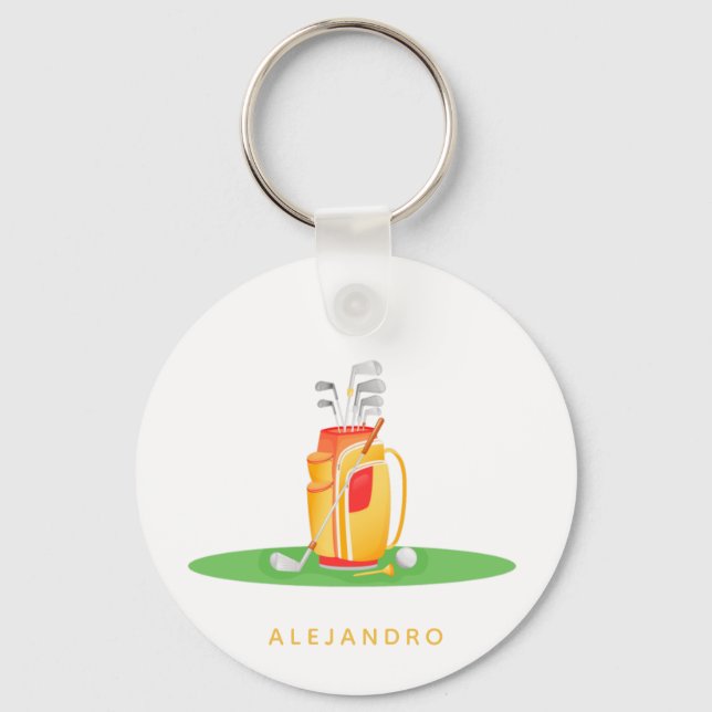 Cute Golf Ball Equipment Illustration Golfers Name Keychain (Front)