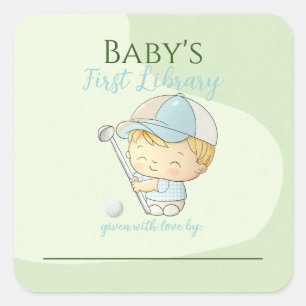Cute Golf Boy First Library Bookplate Shower Square Sticker