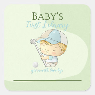 Cute Golf Boy First Library Bookplate Shower Square Sticker