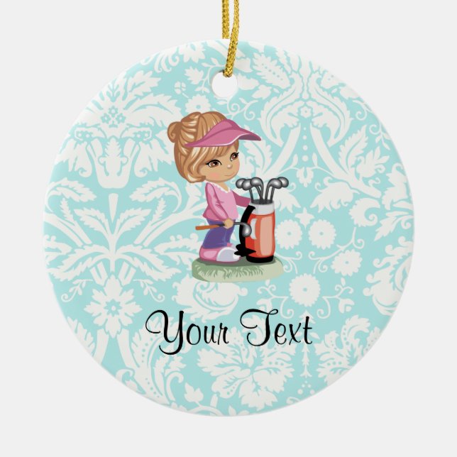 Cute Golf; Damask Pattern Ceramic Ornament (Front)