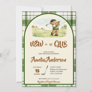 Cute Golf Teddy Bear New to the Club Baby Shower Invitation