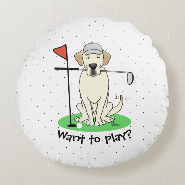 Cute Golf Yellow Labrador Retriever Dog Round Pillow (Front)