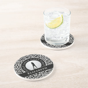 Cute Golfer Silhouette Custom Name Black & White Coaster