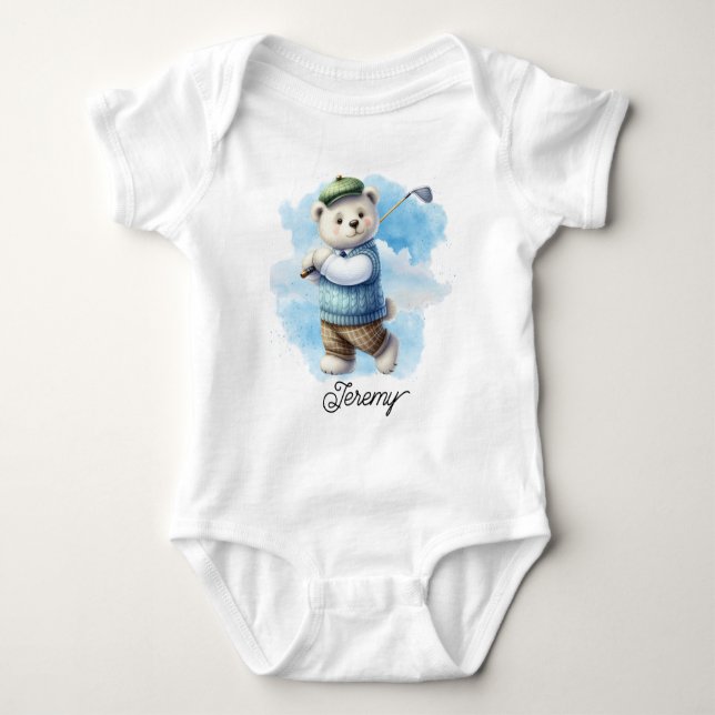 Cute Golfing Teddy Bear Baby Bodysuit (Front)