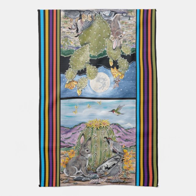 Cute Good Day Night Southwest Animal Desert Cactus Kitchen Towel (Vertical)
