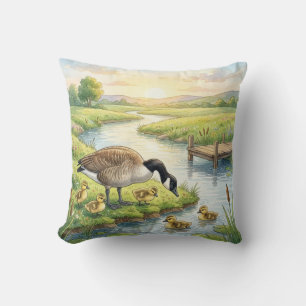 Cute Goose And Babies River and Lake Animals  Throw Pillow