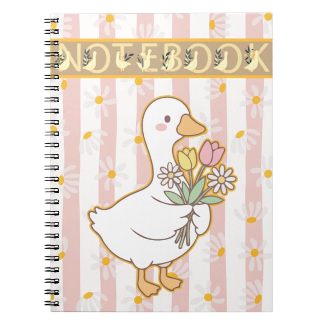 Cute Goose Floral Pink Spiral Notebook (Front)