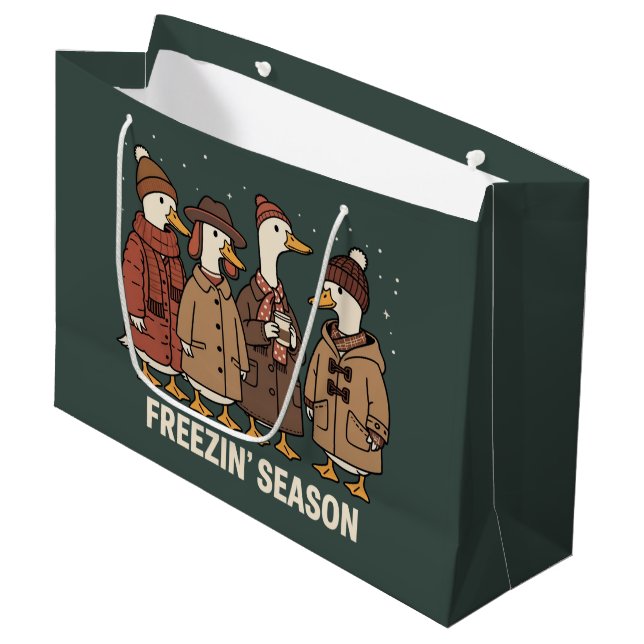 Cute Goose Freezin' Season Winter Cozy Fall Duck  Large Gift Bag (Front Angled)