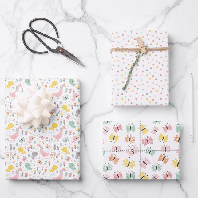 Cute goose, goslings and butterflies pastel wrapping paper sheet (Front)