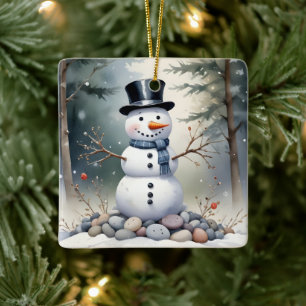 Cute Gorgeous Snowman Frosted Landscape Forest Ceramic Ornament