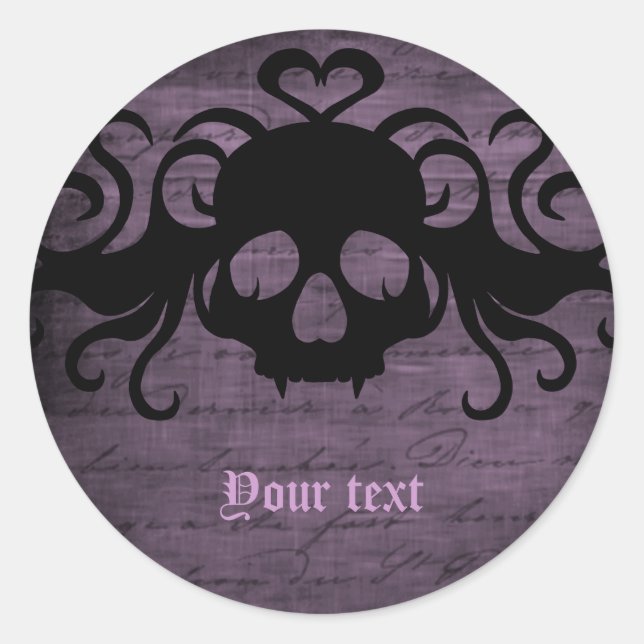 Cute goth fanged vampire skull dark purple classic round sticker (Front)