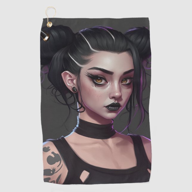 Cute Goth Girl with Buns and Tattoos Golf Towel (Front)