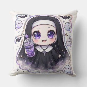 Cute Goth Nun Galaxy Boba Tea Kawaii Halloween Throw Pillow