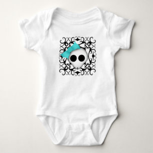 Cute goth punk skull with blue bow on black swirls baby bodysuit