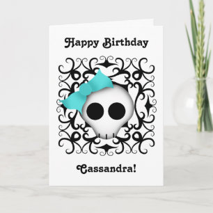 Cute goth punk skull with blue bow on black swirls card