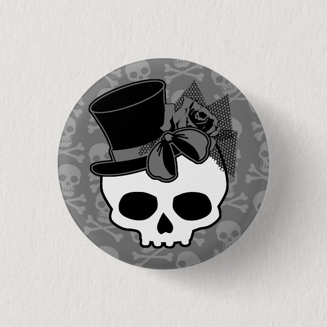 Cute Goth Skull With Top Hat Rose Bow 1 Inch Round Button (Front)