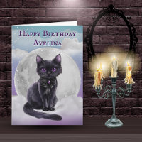Cute Gothic Black Cat Full Moon Birthday Card