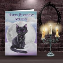 Cute Gothic Black Cat Full Moon Birthday Card