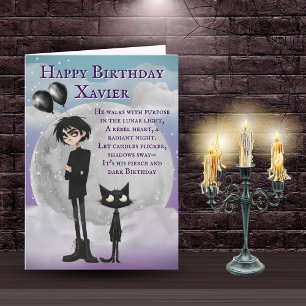 Cute Gothic Boy With His Black Cat Birthday Card
