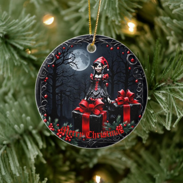 Cute Gothic Christmas Elf.  Ceramic Ornament (Tree)