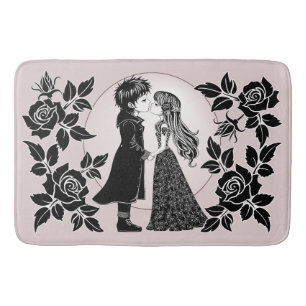 Cute Gothic Emo Kids Kiss Valentine's Day Bath Mat