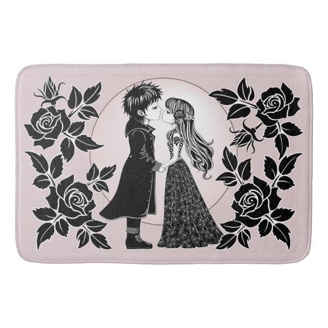 Cute Gothic Emo Kids Kiss Valentine's Day  Bath Mat (Front)