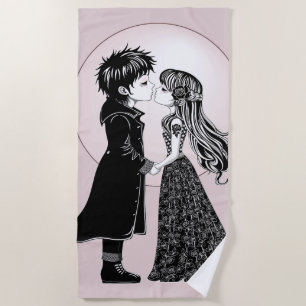 Cute Gothic Emo Kids Kiss Valentine's Day Beach Towel