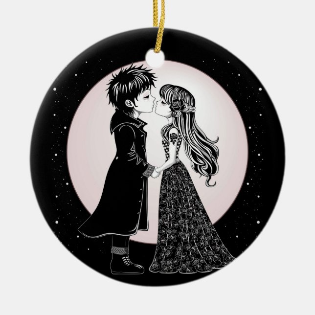Cute Gothic Emo Kids Kiss Valentine's Day  Ceramic Ornament (Front)
