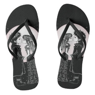 Cute Gothic Emo Kids Kiss Valentine's Day Flip Flops