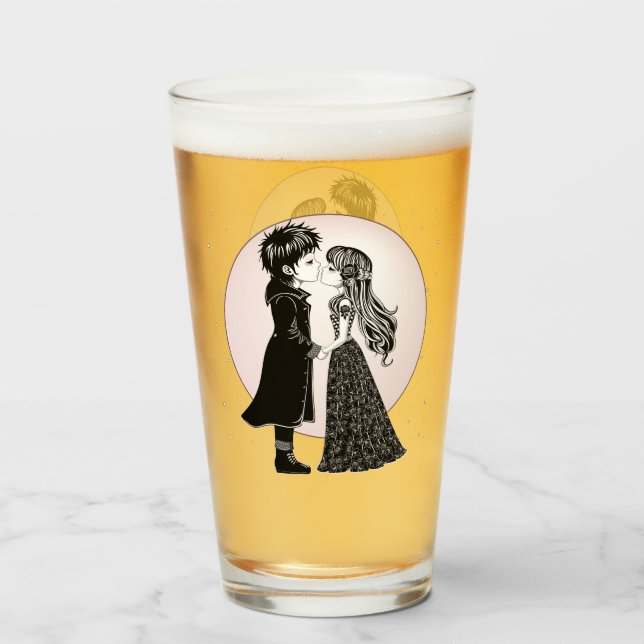 Cute Gothic Emo Kids Kiss Valentine's Day  Glass (Front Filled)