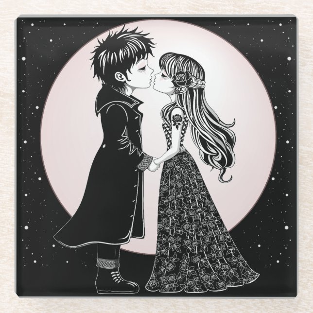 Cute Gothic Emo Kids Kiss Valentine's Day  Glass Coaster (Front)
