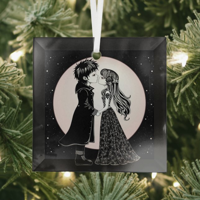Cute Gothic Emo Kids Kiss Valentine's Day  Glass Ornament (Insitu)