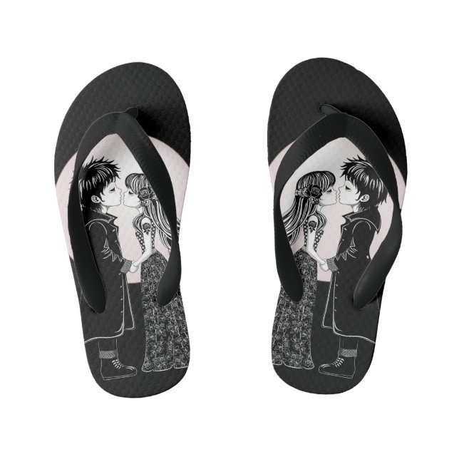 Cute Gothic Emo Kids Kiss Valentine's Day  Kid's Flip Flops (Footbed)