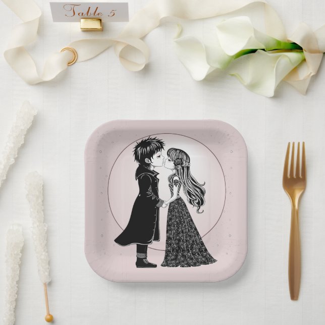 Cute Gothic Emo Kids Kiss Valentine's Day  Paper Plate (Wedding)