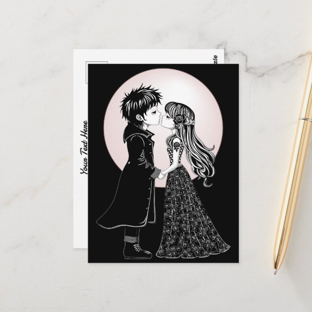 Cute Gothic Emo Kids Kiss Valentine's Day  Postcard (Front/Back In Situ)