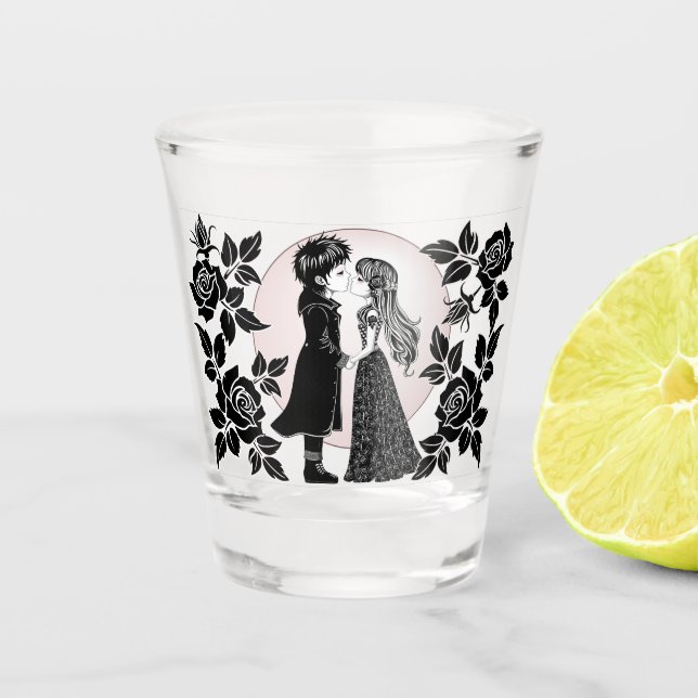Cute Gothic Emo Kids Kiss Valentine's Day  Shot Glass (Front)