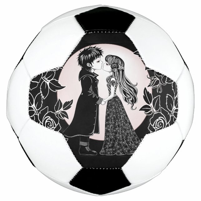Cute Gothic Emo Kids Kiss Valentine's Day  Soccer Ball (Front)