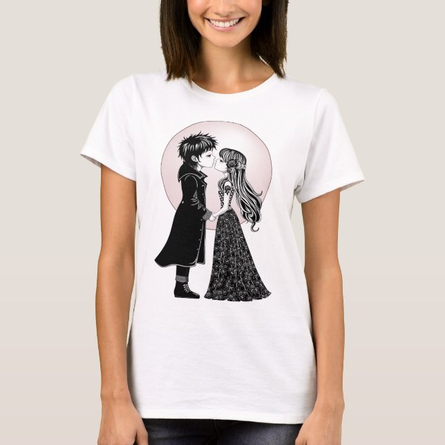 Cute Gothic Emo Kids Kiss Valentine's Day  T-Shirt (Front)