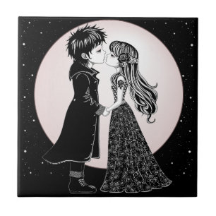 Cute Gothic Emo Kids Kiss Valentine's Day  Tile