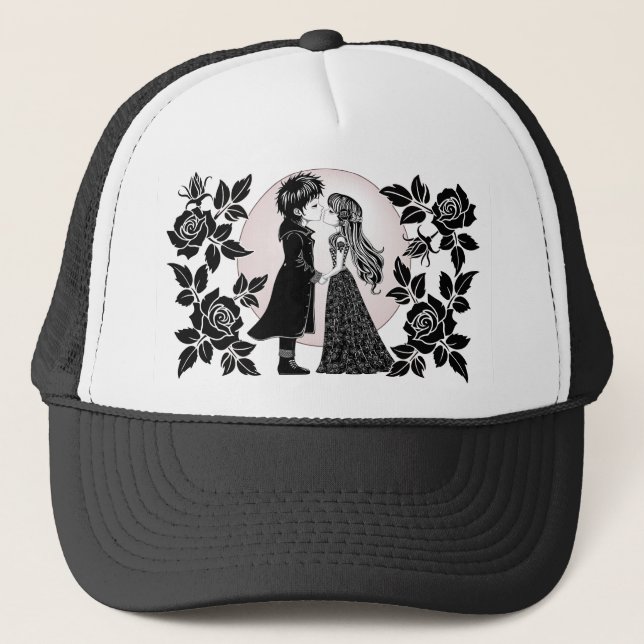 Cute Gothic Emo Kids Kiss Valentine's Day  Trucker Hat (Front)