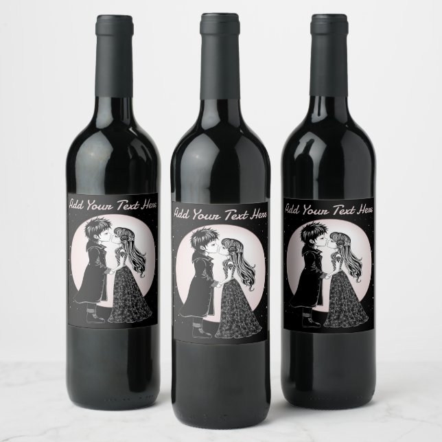 Cute Gothic Emo Kids Kiss Valentine's Day  Wine Label (Bottles)