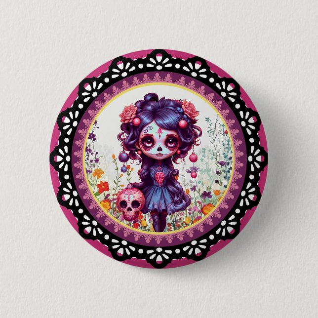 Cute Gothic Garden Sugar Skull  2 Inch Round Button (Front)