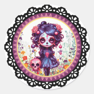 Cute Gothic Garden Sugar Skull Classic Round Sticker